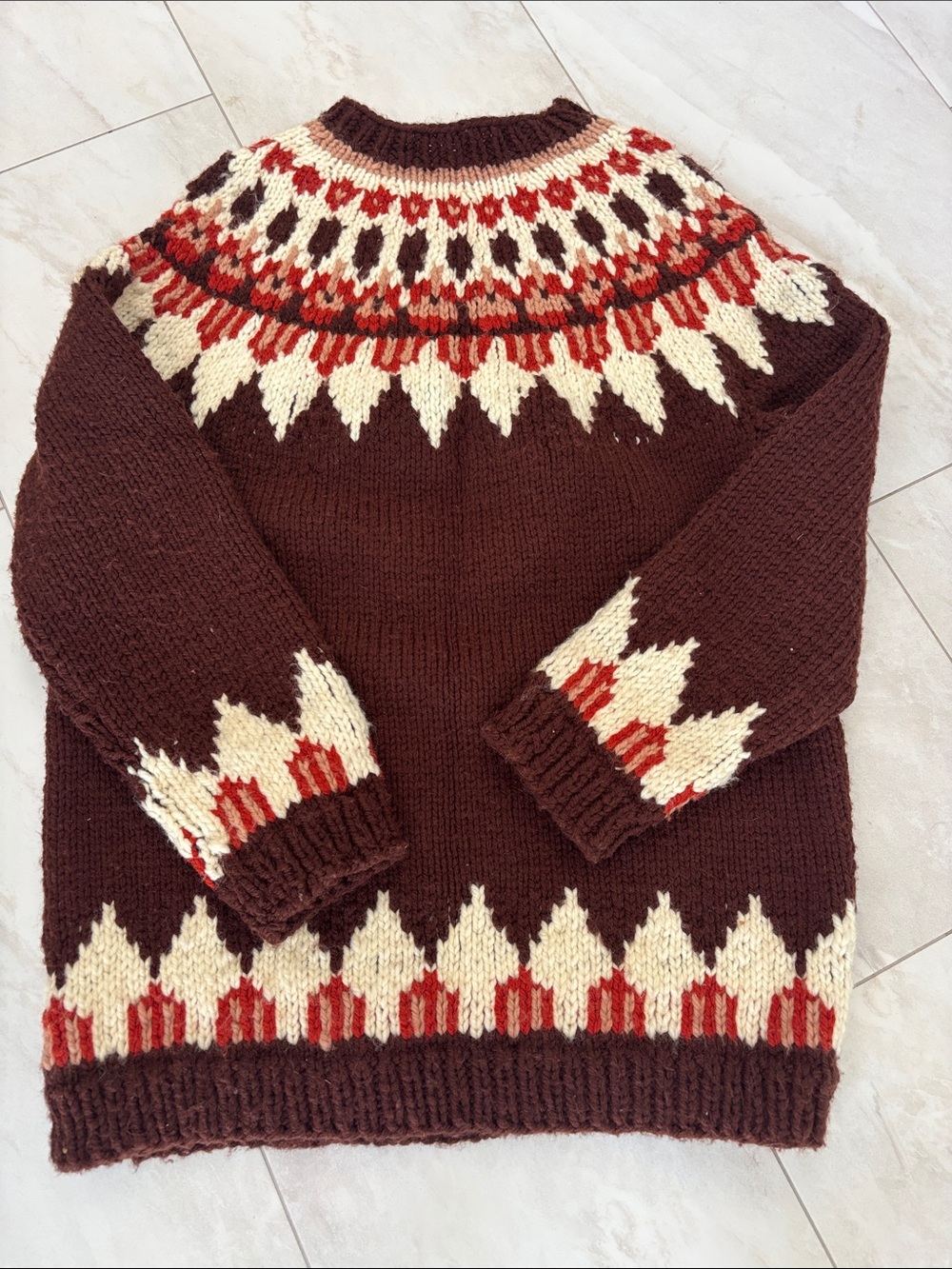 Ladies Brown Nordic Pattern Wool Sweater